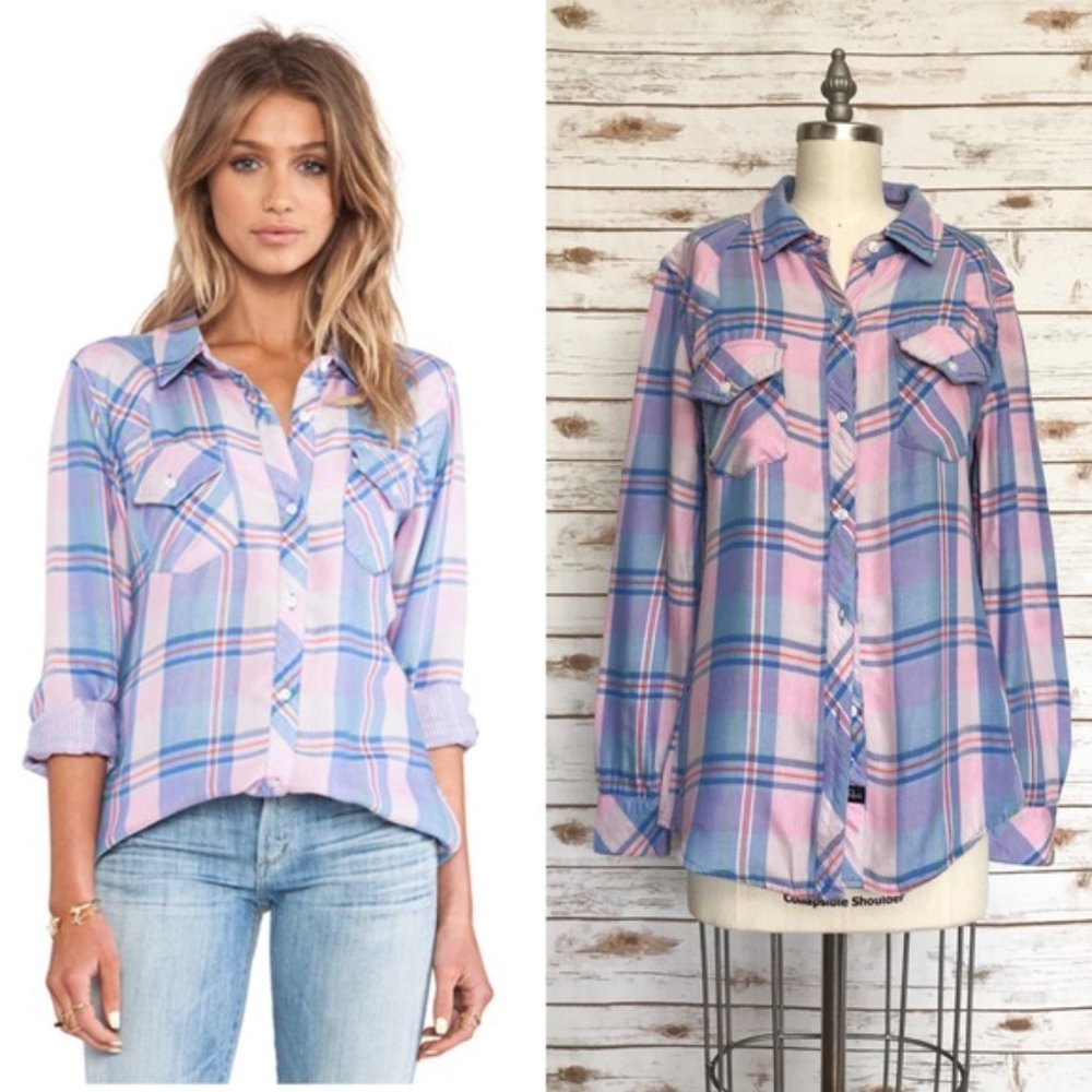 RAILS Kendra Pink Pastel Plaid Shirt Tencel Lyocell Blend Long Sleeve Blue L